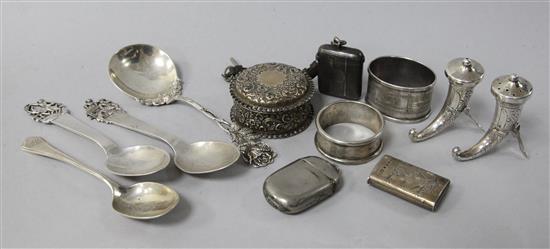 A small group of assorted small silver including a pair of Norwegian sterling silver cornucopia condiments.